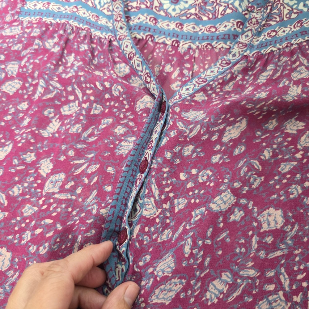 Lucky Brand Floral Boho Blouse Small Magenta Purple Blue Henley Chiffon Top - Picture 6 of 9